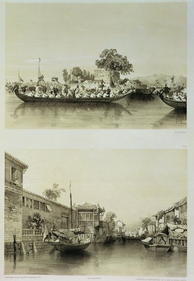 होनान-कैंटन नहर पर फ्रेंच फॉली एंड सॉल्ट मर्चेंट हाउस, &39;स्केचेस ऑफ चाइना&39; से 27 और 28 नंबर पर, यूजीन सिसेरी (1813-90) 1842 (रंगा हुआ लिंडो) द्वारा उकेरा गया द्वारा अगस्टे बोरगेट
