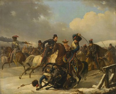 1812, 1827 में पीछे हटने वाले फ्रांसीसी सैनिकों का पीछा करने वाले कोसैक्स द्वारा अगस्टे जोसेफ डेसर्नोडी