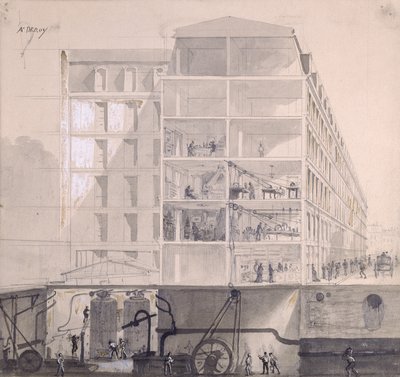 पेरिस में XIth Arrondissement में श्रमिकों के आवास का क्रॉस-सेक्शन, c.1875 (कागज पर कलम और स्याही और गौचे) द्वारा अगस्टे विक्टर डेरॉय