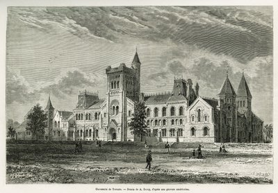 1873 में एच. डी लैमोटे द्वारा कनाडा और उत्तरी लाल नदी के भ्रमण की कहानी को चित्रित करने के लिए ए.डेरॉय द्वारा चित्रित टोरंटो विश्वविद्यालय। ले टूर डू मोंडे में उत्कीर्णन द्वारा अगस्टे विक्टर डेरॉय