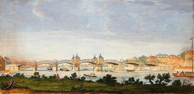 चार्ल्स ग्रिग्नियन (1717-1810) द्वारा उत्कीर्ण टेम्स नदी को पार करते हुए हैम्पटन कोर्ट ब्रिज का परिप्रेक्ष्य दृश्य, c.1754 (रंगीन उत्कीर्णन) द्वारा ऑगस्टिन (बाद में) हेकेल