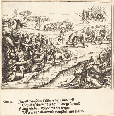 जैकब रेसलिंग विथ द एंजेल, 1548। द्वारा ऑगस्टिन हिर्शचोगेल