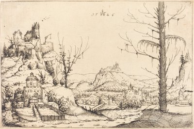 उच्च चट्टानों, नदी और शहर के साथ लैंडस्केप, 1546। द्वारा ऑगस्टिन हिर्शचोगेल