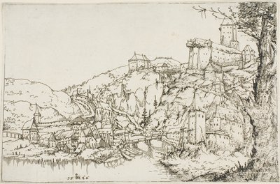 नदी, शहर और महल के साथ परिदृश्य द्वारा Augustin Hirschvogel