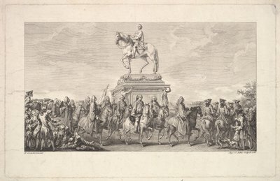 लुईस XV की प्रतिमा का उद्घाटन, पृष्ठ 1 पर विगनेट, विवरण डेस ट्रावे से ..., 1766। द्वारा ऑगस्टिन डी सेंट औबिन