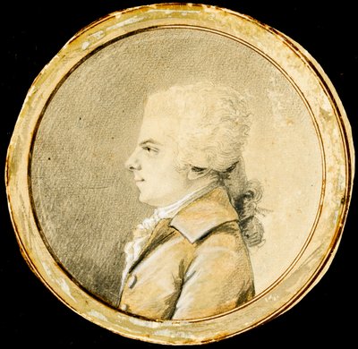 वोल्फगैंग एमॅड्यूस मोजार्ट - ऑगस्टिन डी सेंट-औबिन (1736-1807)। कागज पर सेंगुइन, काला चाक और सफेद रंग, सीए 1778। आयाम: डी 13.8 सेमी। निजि संग्रह द्वारा ऑगस्टिन डी सेंट औबिन