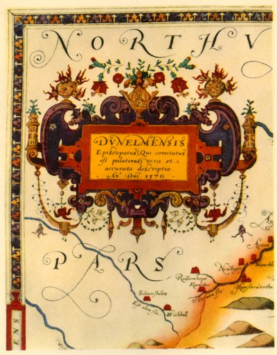 डरहम के सैक्सटन के मानचित्र पर ए. रायथर द्वारा कार्टूचे, 1576, 1944। द्वारा ऑगस्टीन रायथर