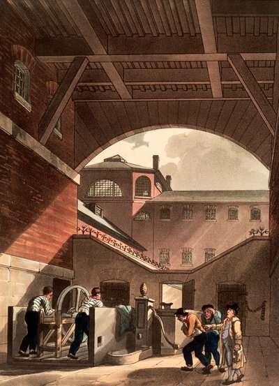 कोल्ड बाथ फील्ड्स जेल, लंदन, 1808 में जल इंजन द्वारा ऑगस्टस चार्ल्स पुगिन, थॉमस रोलैंडसन