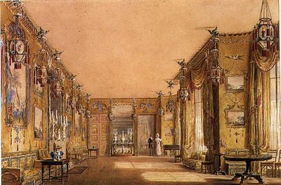 ब्राइटन पवेलियन में येलो ड्रॉइंग रूम का इंटीरियर, c.1820 (कागज पर वॉटरकलर और गौचे) द्वारा ऑगस्टस चार्ल्स पुगिन
