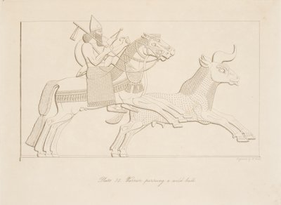 एक जंगली बैल का पीछा करते योद्धा, नीनवे के स्मारकों से, पब। 1849 द्वारा ऑस्टेन हेनरी लेयर्ड