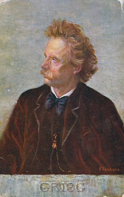 एडवर्ड हैगरअप ग्रिग (1843-1907) को दर्शाने वाला पोस्टकार्ड द्वारा ऑस्ट्रियाई स्कूल