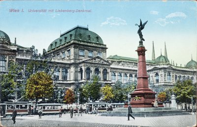 पोस्टकार्ड, वियना विश्वविद्यालय और लिबेनबर्ग स्मारक का चित्रण, c.1915 द्वारा ऑस्ट्रियाई स्कूल