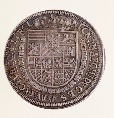 टायरॉल से चांदी का सिक्का (थैलर): सम्राट रूडोल्फ II (रोडोल्फ II) (1552-1612) का शासन। दीम। 4 सेमी नेपल्स, म्यूजियो आर्कियोलॉजिको नाज़ियोनेल द्वारा ऑस्ट्रियाई स्कूल
