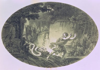 टैमिनो ने एक विशाल नागिन द्वारा पीछा किया, वुल्फगैंग अमाडेस मोजार्ट (1756-91) द्वारा &39;द मैजिक फ्लूट&39; से एक्ट आई सीन द्वारा ऑस्ट्रियाई स्कूल