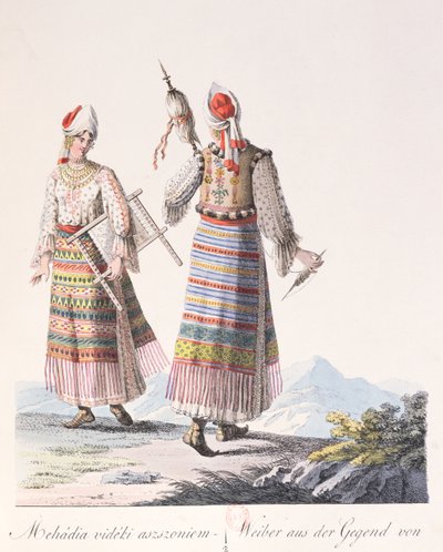 मेहदिया क्षेत्र की पारंपरिक पोशाक में महिलाएं, जेएच डी बाइकेसी, 1810 (रंग उत्कीर्णन) द्वारा एक पुस्तक कॉस्ट्यूम्स डी होंग्री से चित्रण द्वारा ऑस्ट्रियाई स्कूल