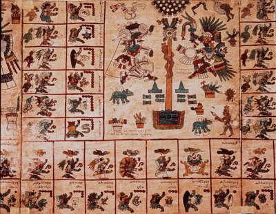 कैलेंडर के अनुरूप एज़्टेक देवताओं और बक्सों का प्रतिनिधित्व। एज़्टेक पांडुलिपि का पृष्ठ "कोडेक्स बोरबोनिकस" पर, मध्य मेक्सिको का प्रीकोलम्बियाई स्वदेशी कोडेक्स, 15 वीं शताब्दी के अंत में। नेशनल असेंबली की लाइब्रेरी (पैलिस बॉर्बन)। द्वारा एज़्टेक