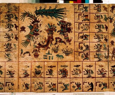 कैलेंडर के अनुरूप एज़्टेक देवताओं और बक्सों का प्रतिनिधित्व। एज़्टेक पांडुलिपि का पृष्ठ "कोडेक्स बोरबोनिकस" पर, मध्य मेक्सिको का प्रीकोलम्बियाई स्वदेशी कोडेक्स, 15 वीं शताब्दी के अंत में। नेशनल असेंबली की लाइब्रेरी (पैलिस बॉर्बन)। द्वारा एज़्टेक