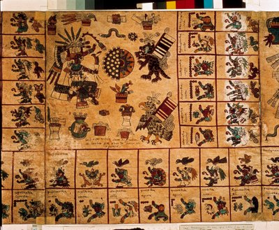 कैलेंडर के अनुरूप एज़्टेक देवताओं और बक्सों का प्रतिनिधित्व। एज़्टेक पांडुलिपि का पृष्ठ "कोडेक्स बोरबोनिकस" पर, मध्य मेक्सिको का प्रीकोलम्बियाई स्वदेशी कोडेक्स, 15 वीं शताब्दी के अंत में। नेशनल असेंबली की लाइब्रेरी (पैलिस बॉर्बन)। द्वारा एज़्टेक