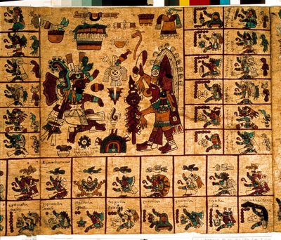 कैलेंडर के अनुरूप एज़्टेक देवताओं और बक्सों का प्रतिनिधित्व। एज़्टेक पांडुलिपि का पृष्ठ "कोडेक्स बोरबोनिकस" पर, मध्य मेक्सिको का प्रीकोलम्बियाई स्वदेशी कोडेक्स, 15 वीं शताब्दी के अंत में। नेशनल असेंबली की लाइब्रेरी (पैलिस बॉर्बन)। द्वारा एज़्टेक