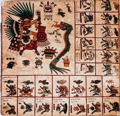 Quetzalcoatl और Tezcatlipoca, एज़्टेक देवताओं और कैलेंडर के अनुरूप बक्से का प्रतिनिधित्व। एज़्टेक पांडुलिपि का पृष्ठ "कोडेक्स बोरबोनिकस" पर, मध्य मेक्सिको का प्रीकोलम्बियाई स्वदेशी कोडेक्स, 15 वीं शताब्दी के अंत में। नेशनल असो की लाइब्रेरी द्वारा एज़्टेक