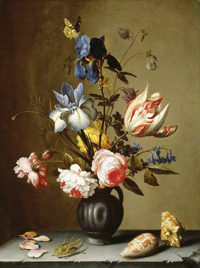 Irises, roses, columbine, hyacinth और एक काले मिट्टी के बर्तनों के घड़े में एक ट्यूलिप, एक सीप के साथ और एक पत्थर पर घास द्वारा बल्थासर वैन डेर एस्ट