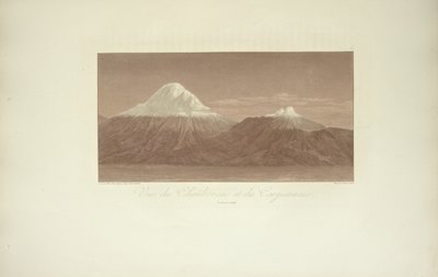 अम्बोल्ड द्वारा उकेरी गई गेनलिन द्वारा चेंम्बोराज़ो और कारगुइराज़ो का दृश्य, अलेक्जेंडर वॉन डम्बोल्ड और एइम बोनपलैंड, 1813 द्वारा "अमेरिका के स्वदेशी लोगों के कॉर्डिलेरा और मोनुमेंस के दृश्य" से चित्रण। द्वारा Baron Friedrich Alexander von Humboldt