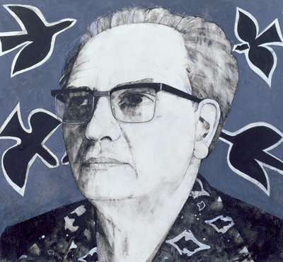 ओलिवियर मेसिएन का पोर्ट्रेट, द संडे टाइम्स, 1970 के दशक का चित्रण (बोर्ड पर गौचे) द्वारा बैरी फेंटोनी