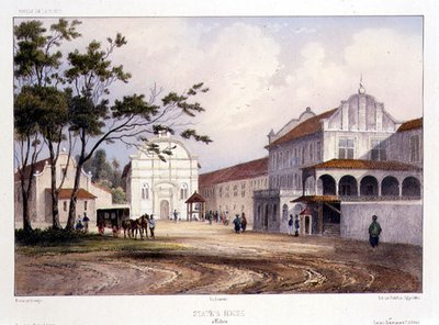मलक्का में स्टेट हाउस, अल्फ्रेड लियोन लेमर्सीर द्वारा उकेरा गया, c.1840 (हाथ से रंग का लिथो) द्वारा बार्थेलेमी (बाद में) लौवेर्गने
