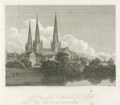 लिचफील्ड कैथेड्रल - साउथ वेस्ट व्यू: एनग्रेविंग, 1796 द्वारा बार्थोलोमेव होवलेट