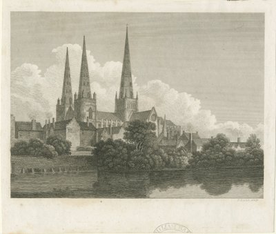 लिचफील्ड कैथेड्रल - साउथ वेस्ट व्यू: एनग्रेविंग, एनडी [1796] द्वारा बार्थोलोमेव होवलेट