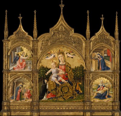द मैडोना ऑफ़ नम्रता, उद्घोषणा, स्वाभाविकता और Pietà, c.1465 (स्वभाव और लकड़ी के लिए सोना) द्वारा बार्टोलोमो विवारिनी