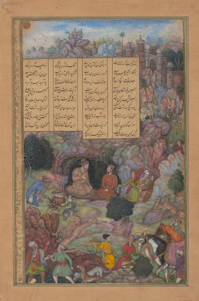 सिकंदर अपनी पर्वतीय गुफा में साधु प्लेटो से मिलता है, खमसा से फोलियो..., 1597-98। द्वारा बसवान