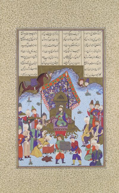 ईरानी सिंहासन पर अफरासियाब, शाहनामा बुक ऑफ किंग्स से फोलियो 105आर..., सीए। 1525-30। द्वारा बशदन क़रा