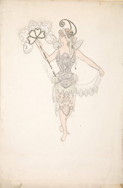 एक पंखे वाली महिला के लिए पोशाक डिजाइन, 1890-99। द्वारा तुलसी क्रेज