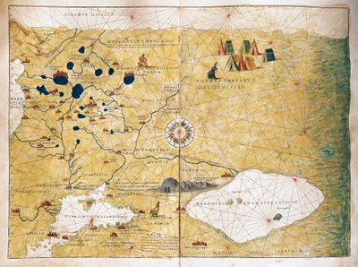 Moschoviae Tabula, वोल्गा नदी के किनारे रूस और यूरोपीय शहरों का नक्शा द्वारा बतिस्ता एग्नेस