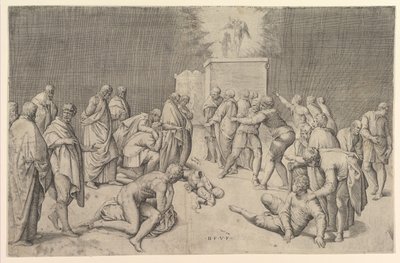 पलिश्तियों ने वाचा के सन्दूक को दागोन के मंदिर में रखा, लगभग। 1540. द्वारा बतिस्ता फ्रेंको वेनेज़ियानो