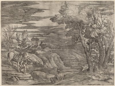 घोड़े का नेतृत्व कर रहे एक आदमी के साथ लैंडस्केप द्वारा Titian . के बाद बतिस्ता फ्रेंको