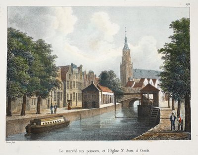 मछली बाजार, और Gouda में सेंट जीन चर्च, c.1895 (फोटोक्रोम) द्वारा बेल्जियम स्कूल