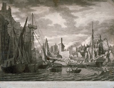 23 जुलाई, 1794 की आग के बाद के खंडहरों को दिखाते हुए रैटक्लिफ क्षेत्र, लंदन का दृश्य द्वारा बेंजामिन बर्नेल
