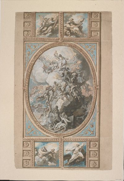 रॉयल चैपल, विंडसर कैसल (रेक्टो) की छत की सजावट के लिए डिज़ाइन, c.1779 (काला चाक, कलम और भूरे रंग की स्याही और जल रंग, सफेद, ग्रे और नीले बॉडीकोल और भूरे रंग के धुएं के साथ बढ़ाई गई द्वारा बेंजामिन पश्चिम