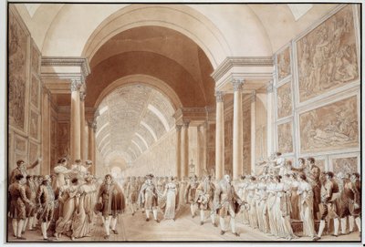 बेंजामिन ज़िक्स (1772-1811) 1810 डिम द्वारा ग्रांड गैलेरी डु लौवर प्रिंट्स में हैब्सबर्ग-लोरेन (1791-1847) के आर्कड्यूचेस मैरी लुईस के साथ नेपोलियन I (1769-1821) की दुल्हन की टुकड़ी का दृश्य। 0,4x0,6 मीटर पेरिस, म्यूसी डू लौवर द्वारा बेंजामिन जिक्स