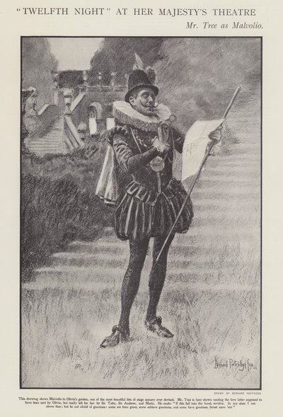शेक्सपियर के ट्वेल्थ नाइट एट हर मेजेस्टीज़ थिएटर, लंदन (लिथो) के निर्माण में मालवोलियो के रूप में हर्बर्ट बीरबोहम ट्री द्वारा बर्नार्ड (बाद) पार्ट्रिज