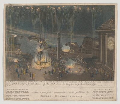 कोवेन्ट गार्डन में आतिशबाजी, 1809 (नक़्क़ाशी और एक्वाटिंट, हाथ का रंग) द्वारा बर्नार्ड II लेंस