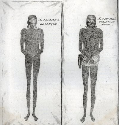 बर्नार्ड पिकार्ट (1723-1743) 1819 द्वारा "दुनिया के सभी लोगों के धार्मिक समारोहों और रीति-रिवाजों का चित्रण" से उत्कीर्णन से बेसनकॉन के कफन और ट्यूरिन के कफन का प्रतिनिधित्व (1723-1743) 1819 निजी संग्रह द्वारा बर्नार्ड पिकार्ट