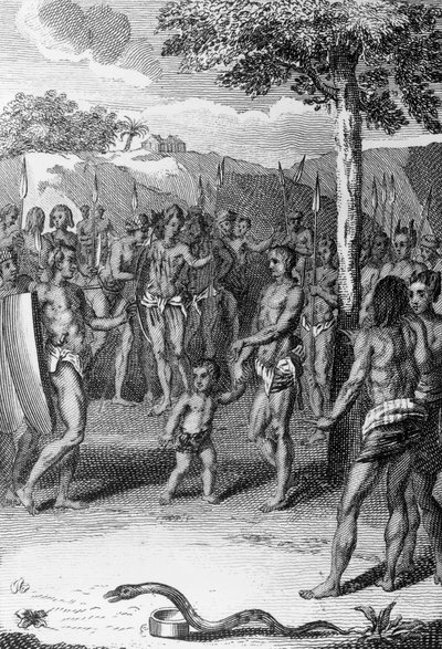 एंटोइन बानियर (1673-1741) और जीन बैप्टिस्ट ले मैस्कियर (1697-1760) द्वारा अनुष्ठान समारोह, अग्रभूमि में सांप के साथ, गिनी, हिस्टोइरे जेनरल डेस सेरेमोनीज़, मोअर्स, एट कॉट्यूम्स धार्मिकता डे टूस लेस पीपल्स डू मोंडे से। द्वारा बर्नार्ड पिकार्ट