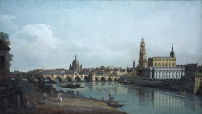 अगस्त्स ब्रिज, 1748 के नीचे, एल्बे के राइट बैंक से देखा गया ड्रेसडेन द्वारा बर्नार्डो बेलोट्टो (कैनेलेटो)