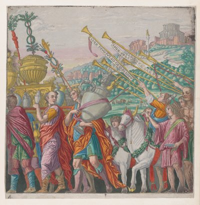 शीट 4: द ट्राइंफ ऑफ जूलियस सीए..., 1599 से बाईं ओर ट्रॉफ़ी ले जाने वाले पुरुष, दाईं ओर ट्रम्पेटर्स। द्वारा बर्नार्डो मालपिज़ि