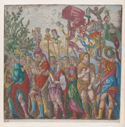 शीट 7: जूलियस की विजय ..., 1599 से संगीतकारों और मानकों को धारण करने वाले अन्य लोगों का जुलूस। द्वारा बर्नार्डो मालपिज़ि