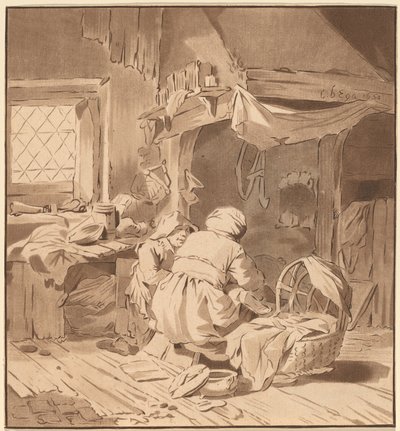 दो महिलाओं के साथ एक किसान हाउस का इंटीरियर, 1772, 1787 प्रकाशित। द्वारा बर्नहार्ड श्रेडर