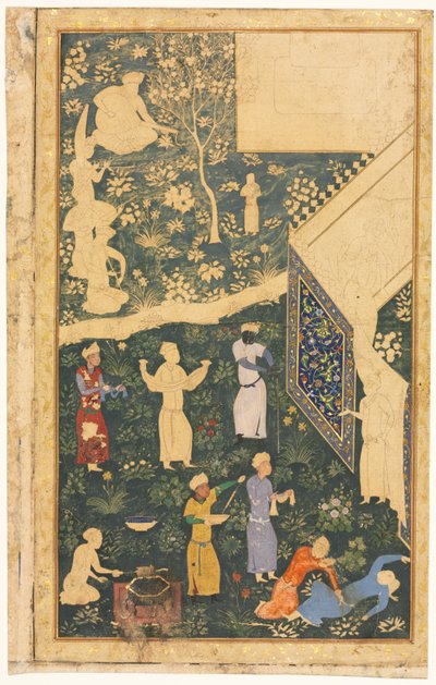 संगीतकारों और नौकरों ने एक रॉयल एग्जीबिशन रेक्टो के बाहर, सी। 1485। द्वारा Bihzad